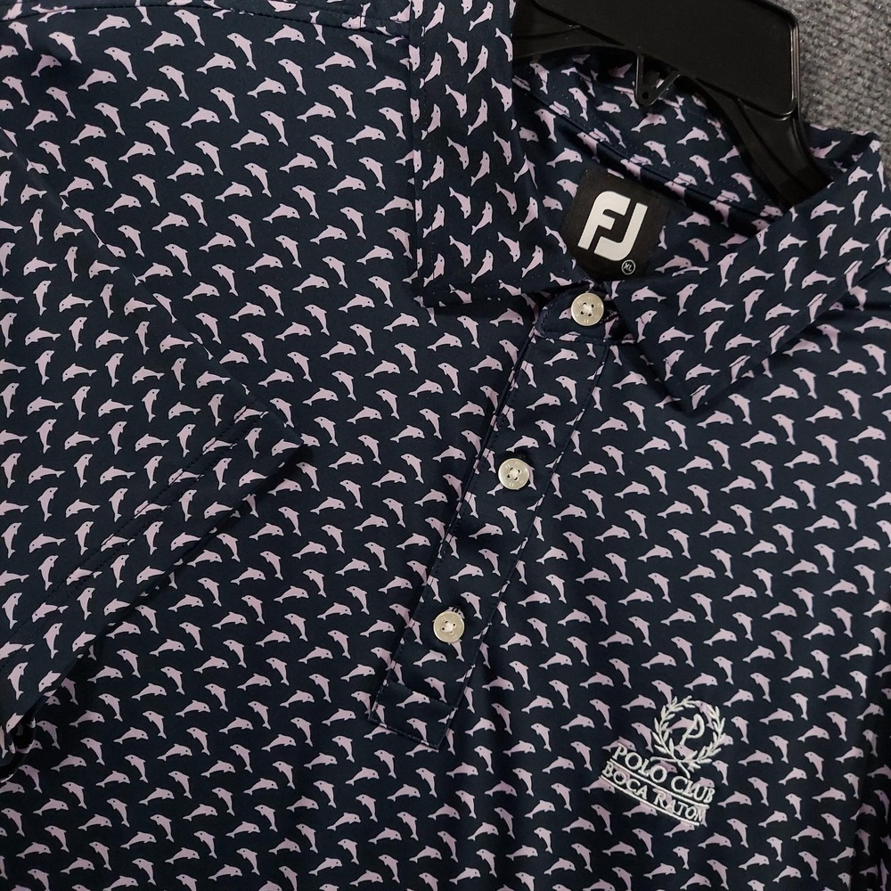 FootJoy Polo Shirt Mens XL‎ Blue Dolphin Print Golf The Polo Club Boca Raton